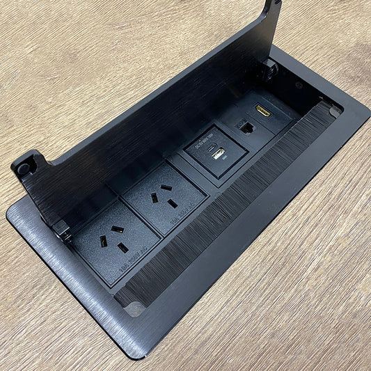 In Desk Cable Management Cubby Power, USB, HDMI & Data Box - 26.5cm - Black