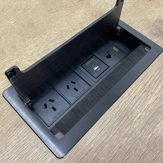 In Desk Cable Management Cubby Power, USB, HDMI & Data Box - 26.5cm - Black