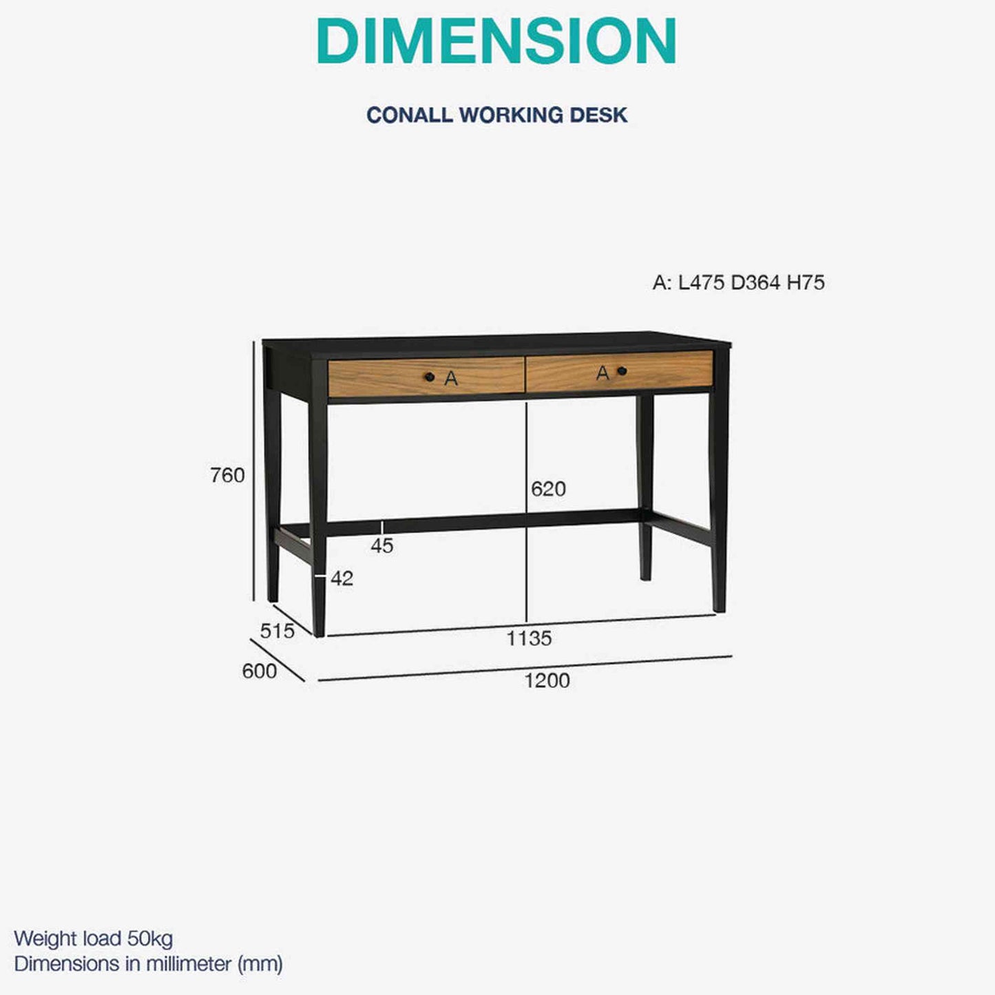 CONALL Study Desk 120cm - Walnut & Black