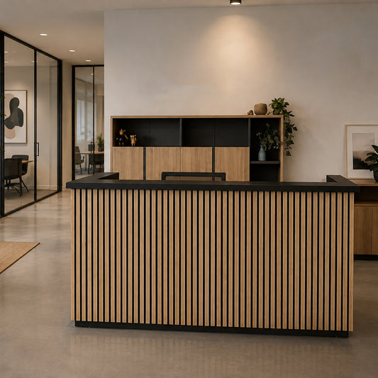 KENTO Reception Desk 180cm - Timber Slat Acoustic Black & Oak