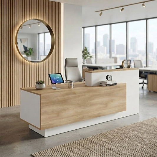 HELMER Reception Desk 2.4M Left Panel - Oak & white