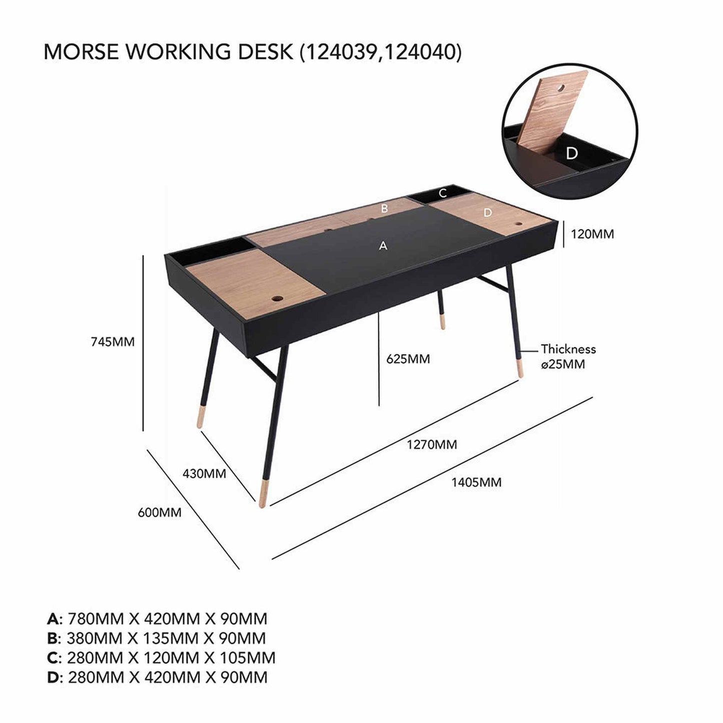MORSE Study Desk 140cm - Black & Oak