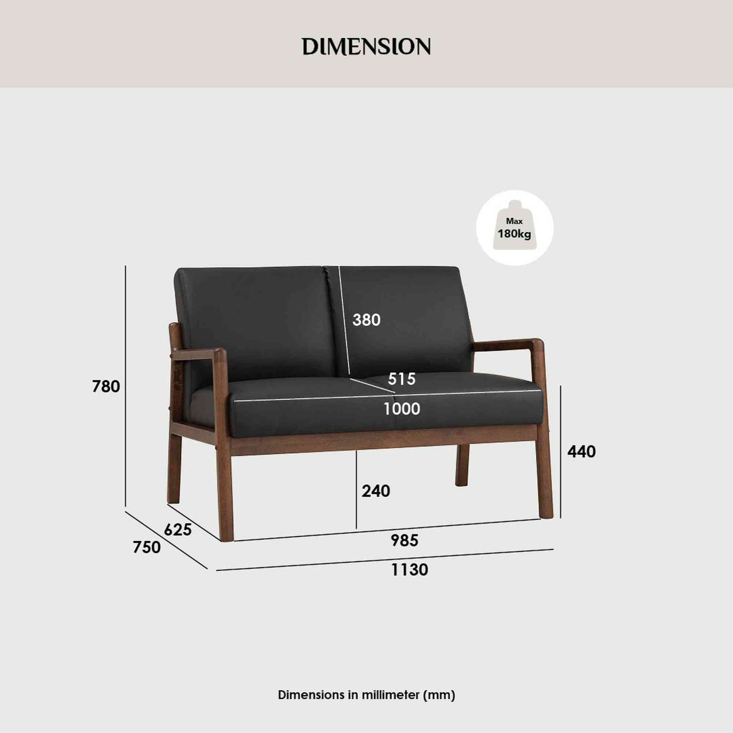 MENDO 2 Seater Lounge Seater - Black & Walnut