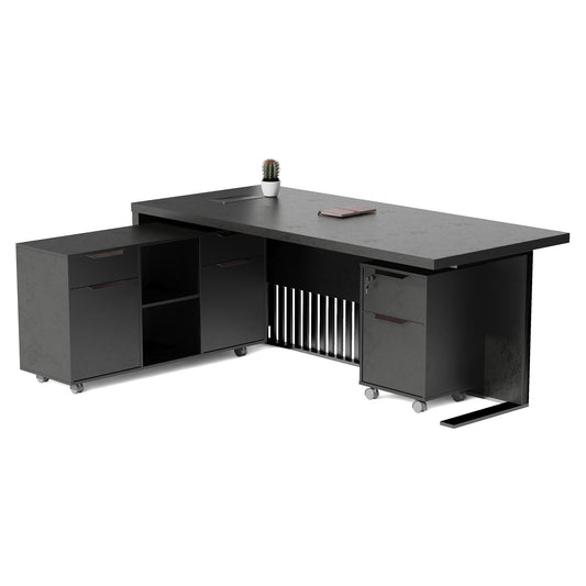 AFTAN Black Executive Desk with Pedestal & Left Mobile Return 180cm - Black Concrete