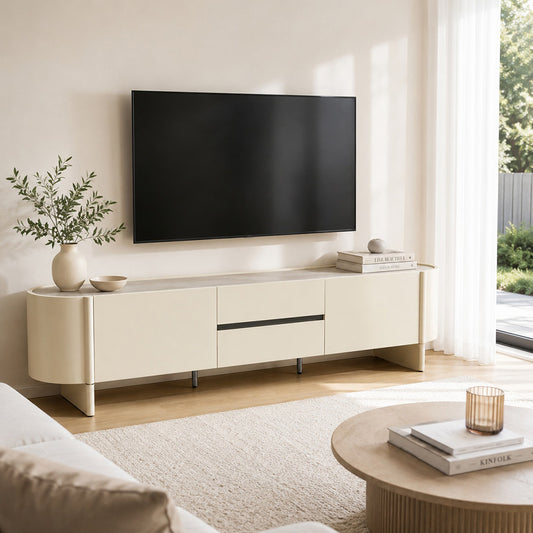 ECLIPSE 200cm TV Entertainment Unit with Travertine Look Top - Ivory