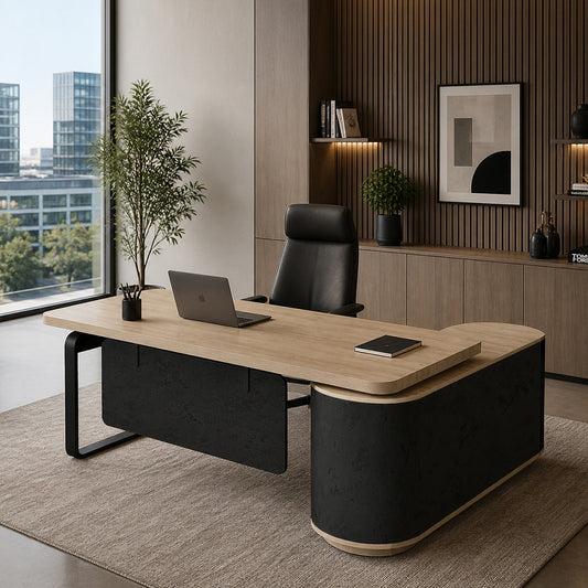 VENTURA 180-200cm Reversible Executive Desk - Left or Right Return - Oak & Black