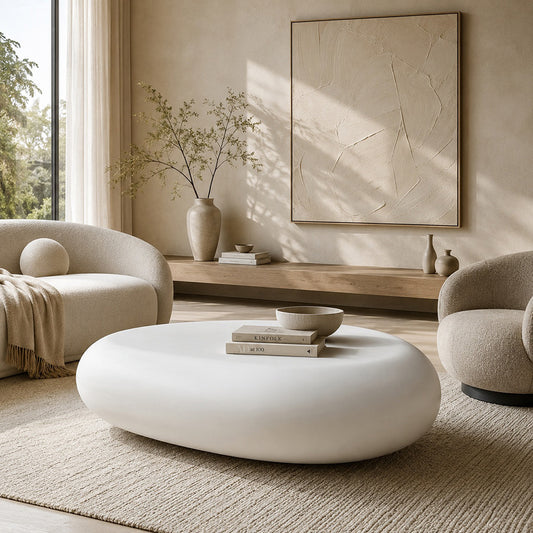 ROCCO Indoor & Outdoor Pebble Coffee Table 106cm - White Concrete
