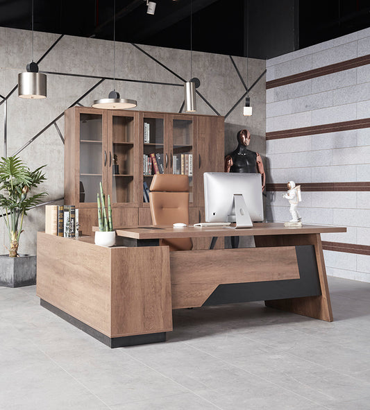 SUTTON Executive Desk with Right Return 180cm - 200cm - Warm Oak & Black