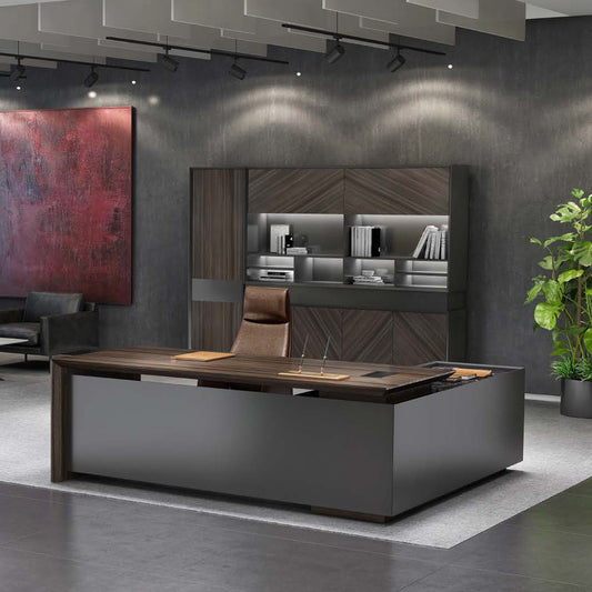 ARMANDO Executive Desk 220cm Left Return - Hazelnut & Grey