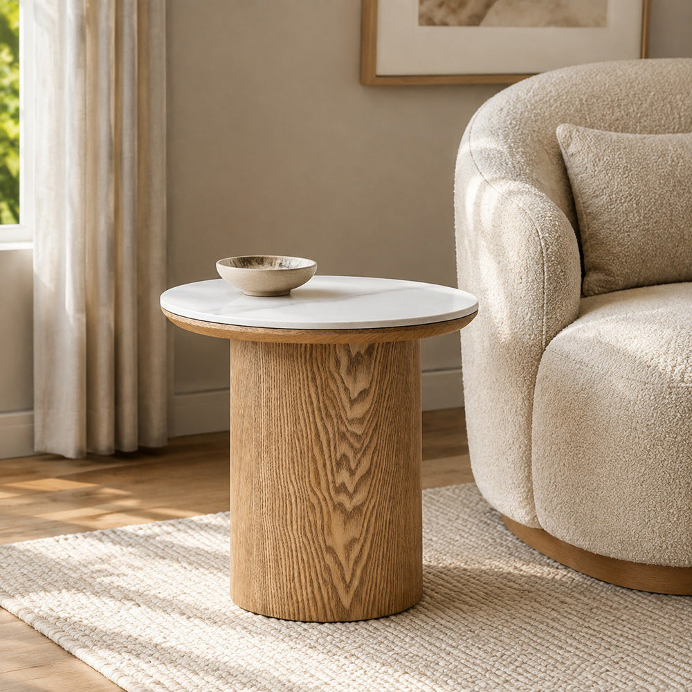 EMERY 40cm SIntered Stone Round Side Table - Oak