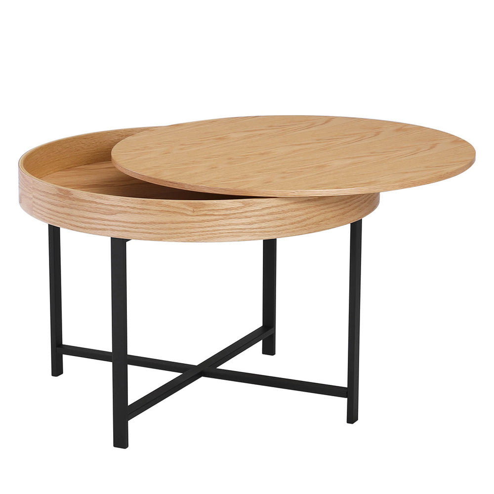 Woolcott Round Coffee Table with Storage - Oak & Black