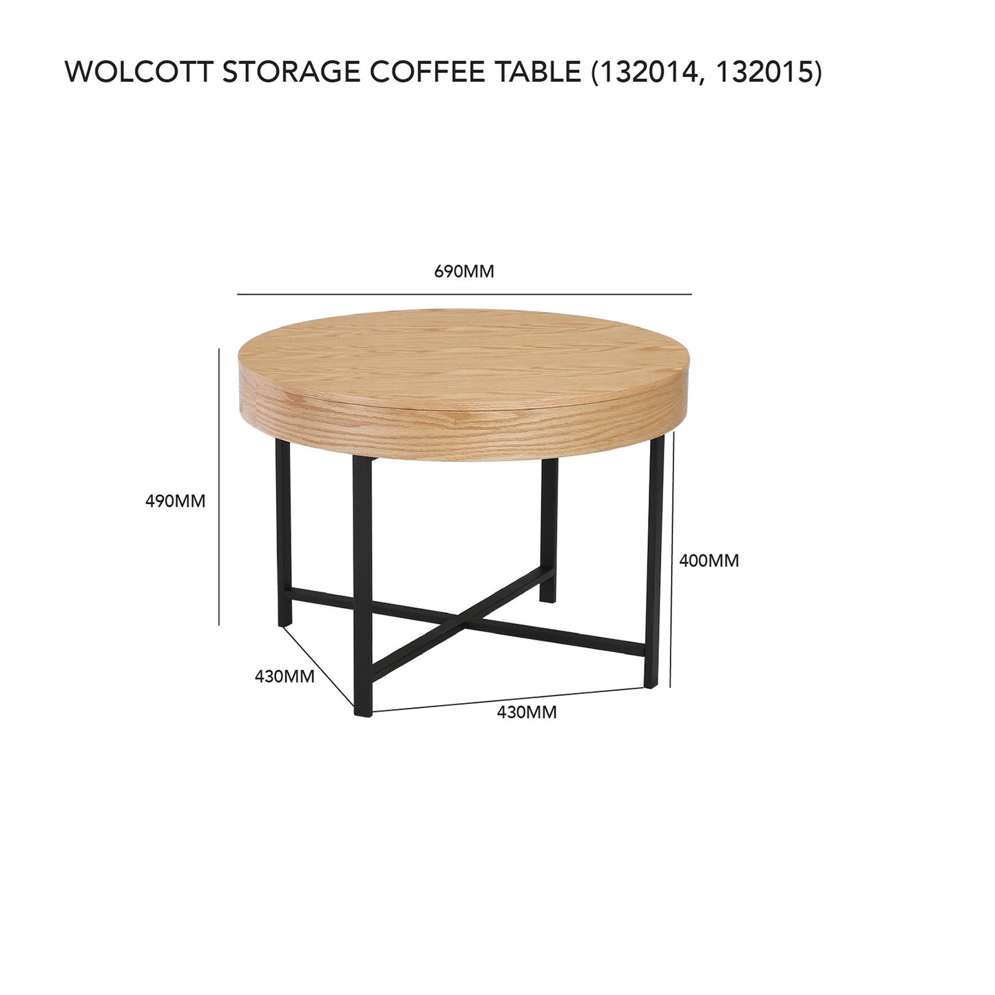 Woolcott Round Coffee Table with Storage - Oak & Black