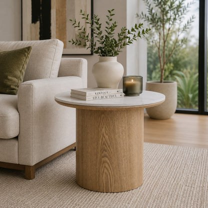 EMERY 60cm Round Coffee Table with Sintered Stone Top - Oak