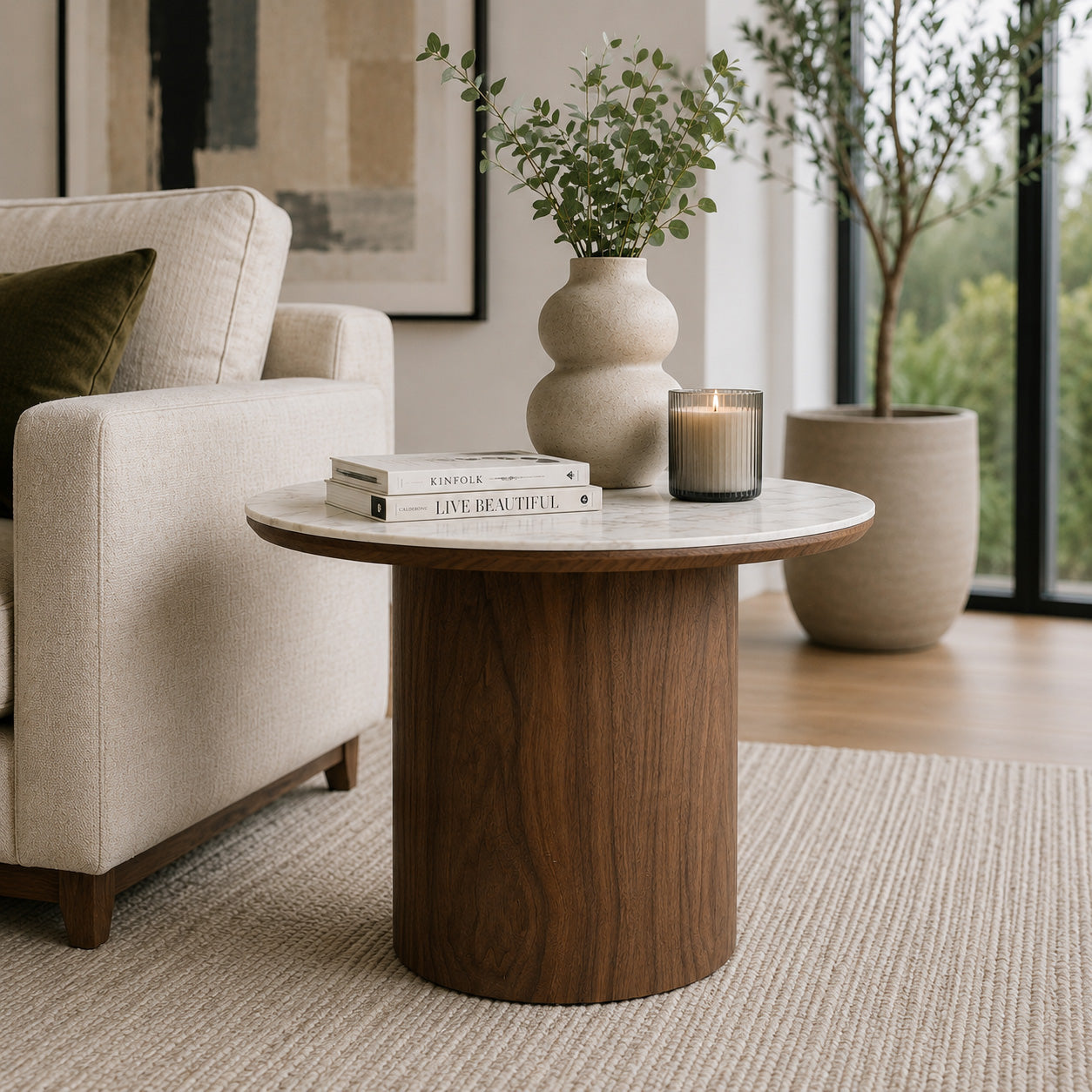 EMERY 60cm Round Coffee Table with Sintered Stone Top - Walnut