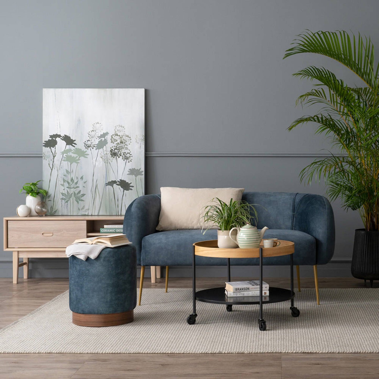 AURA Ottoman 37.5cm - Sapphire & Walnut