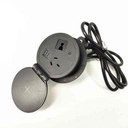 Round In Desk Power, Wireless Charging & USB Cable Cubby Management Dock - 9cm - Black