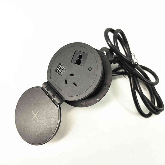Round In Desk Power, Wireless Charging & USB Cable Cubby Management Dock - 9cm - Black