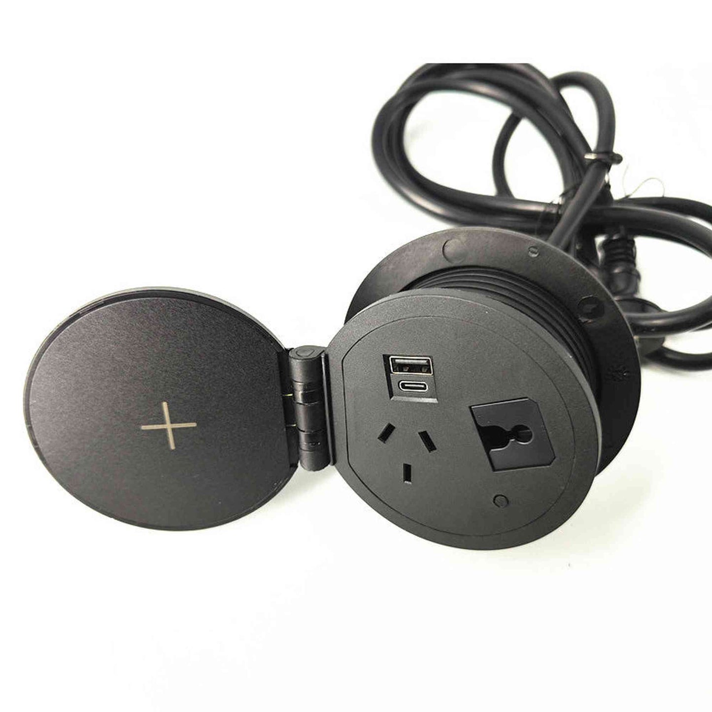 Round In Desk Power, Wireless Charging & USB Cable Cubby Management Dock - 9cm - Black