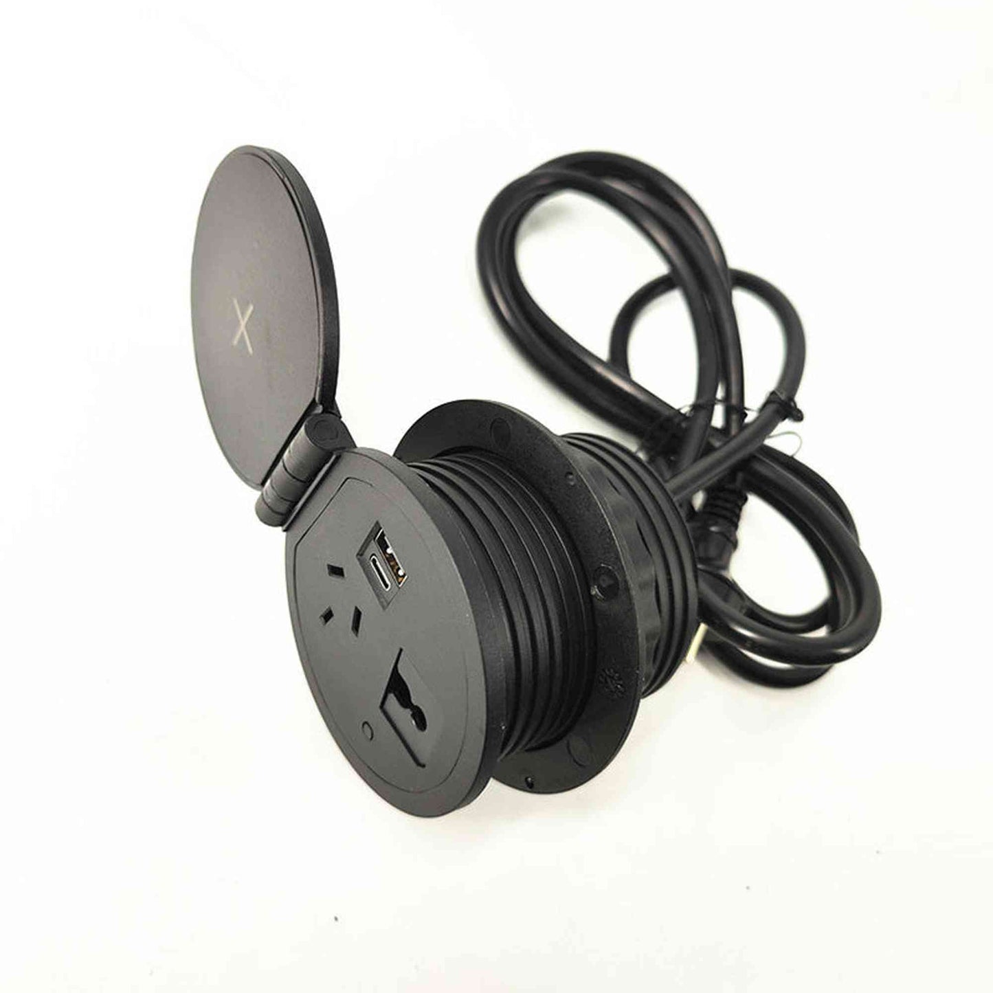Round In Desk Power, Wireless Charging & USB Cable Cubby Management Dock - 9cm - Black