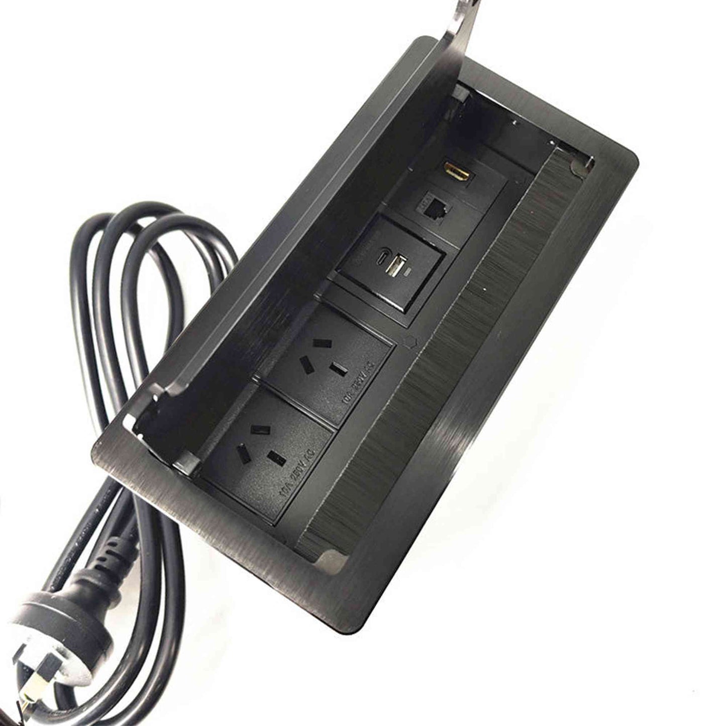In Desk Cable Management Cubby Power, USB, HDMI & Data Box - 26.5cm -  Black