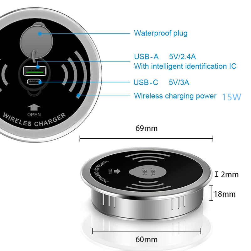 In Desk Wireless Charging and USB Cable Cubby Management Dock