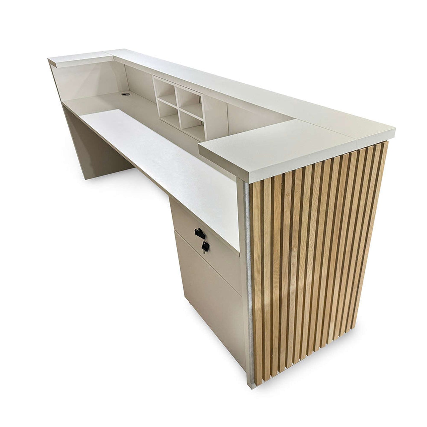KENTO Reception Desk 240cm - Timber Slat Acoustic White & Oak