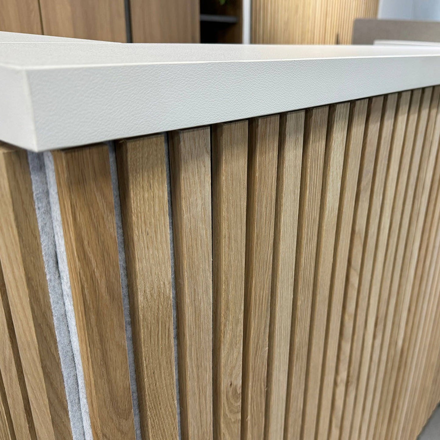 KENTO Reception Desk 180cm - White & Oak Timber Slat Acoustic