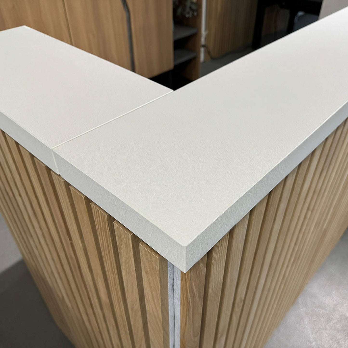 KENTO Reception Desk 240cm - Timber Slat Acoustic White & Oak