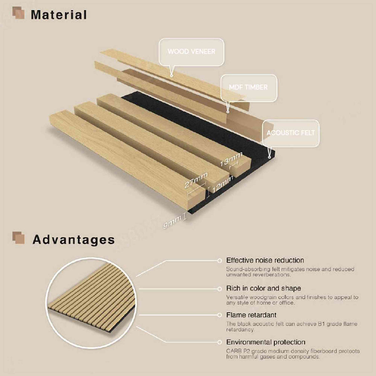 WOODFLEX Flexible Acoustic Wood Slat Wall Panel, Oak Veneer on Grey - 2700mm x 560mm