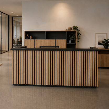 KENTO Reception Desk 240cm - Timber Slat Acoustic Black & Oak