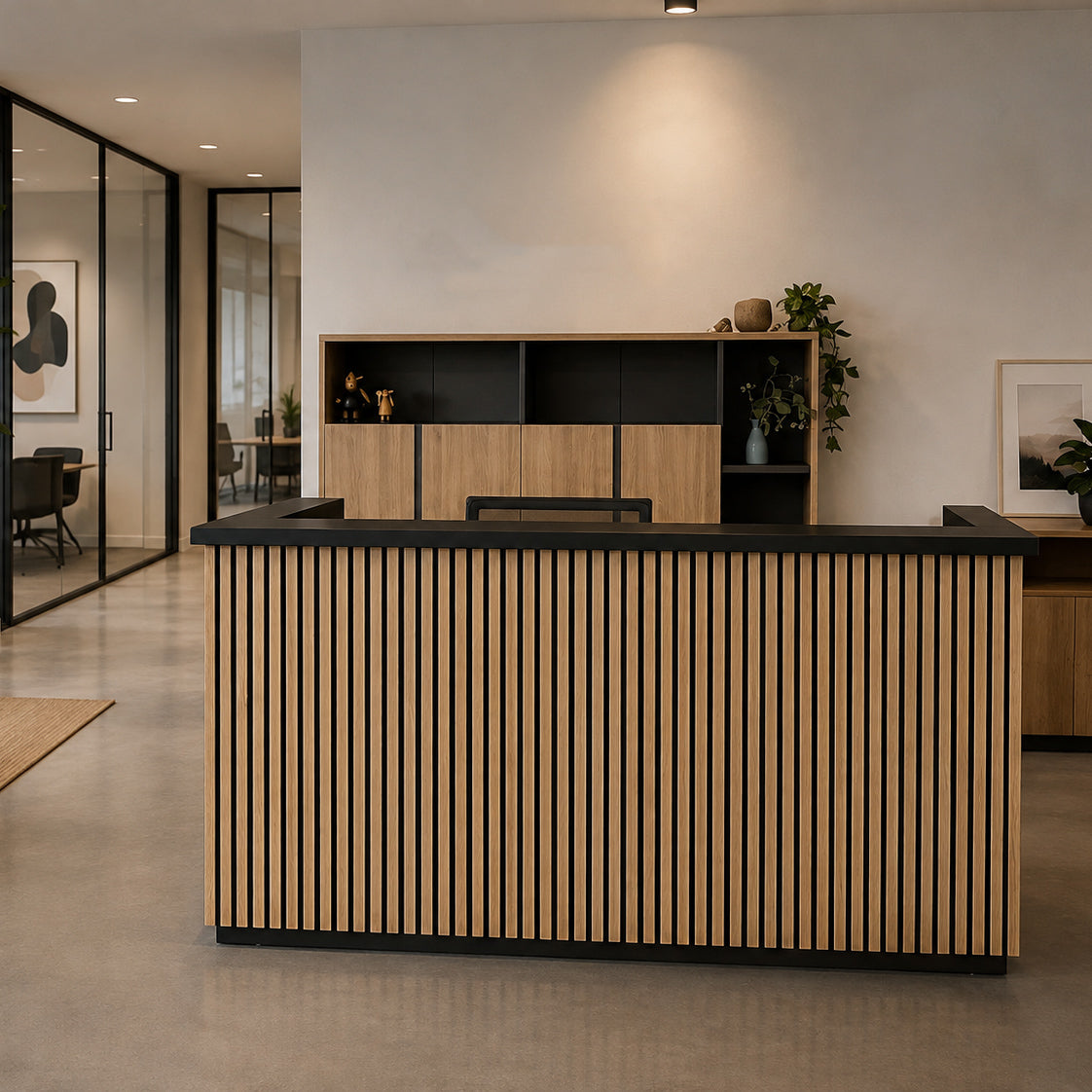 KENTO Reception Desk 180cm - Timber Slat Acoustic Black & Oak