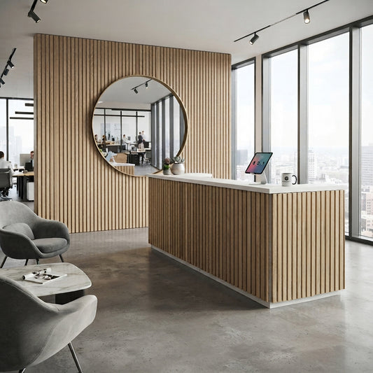 KENTO Reception Desk 240cm - Timber Slat Acoustic White & Oak