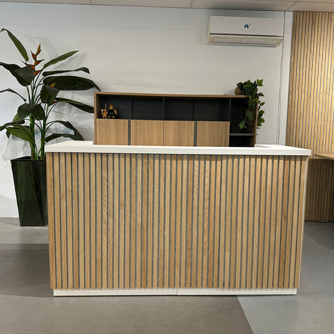 KENTO Reception Desk 180cm - White & Oak Timber Slat Acoustic