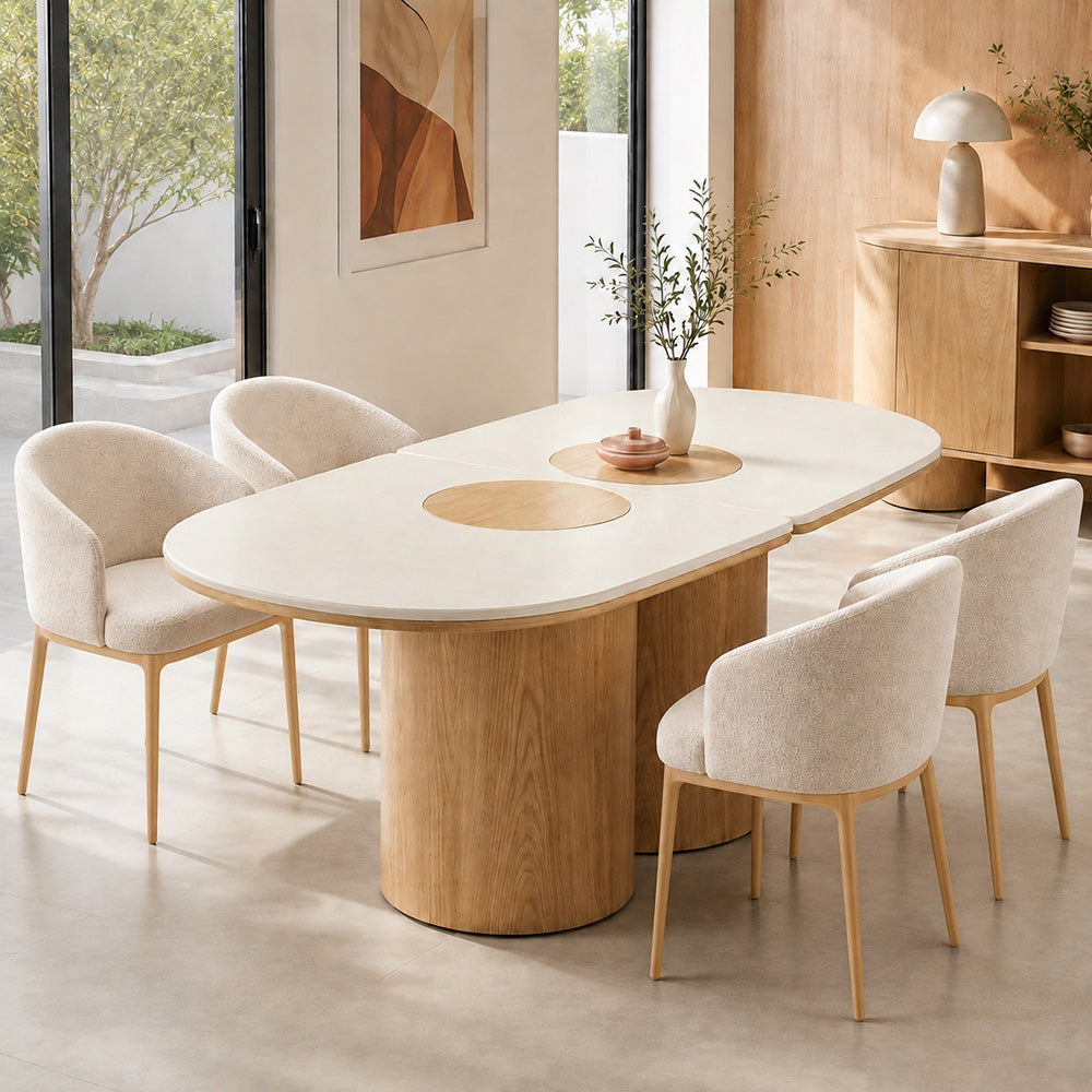 SILVAN 220cm Rectangular Dining Table Oak & Cement Curved Top