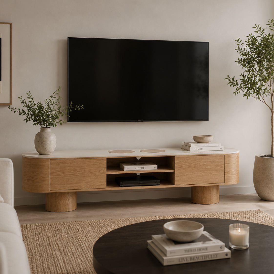 SILVAN 210cm Entertainment TV Unit with Micro-cement Top -  Oak