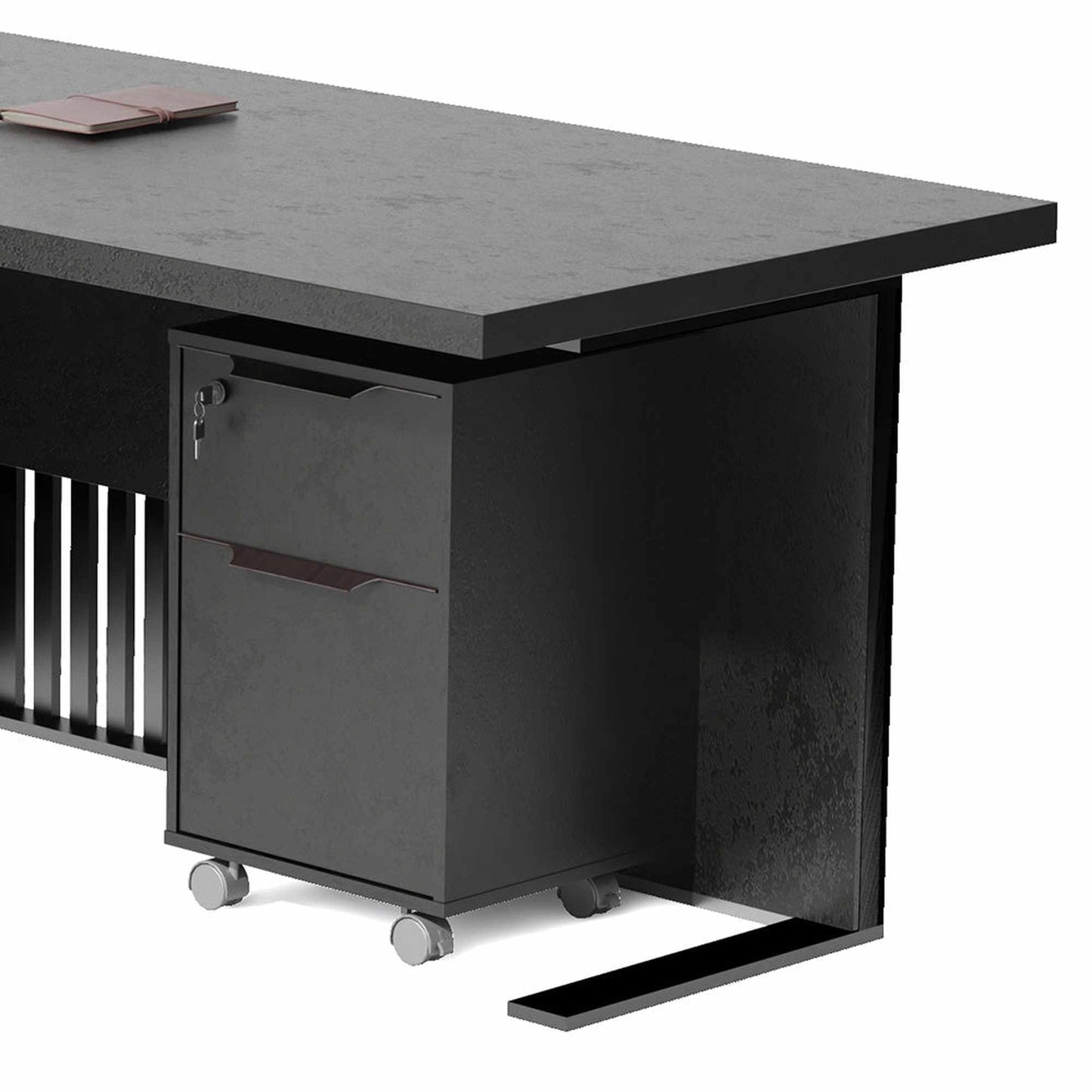 AFTAN Black Executive Desk with Pedestal & Left Mobile Return 180cm - Black Concrete