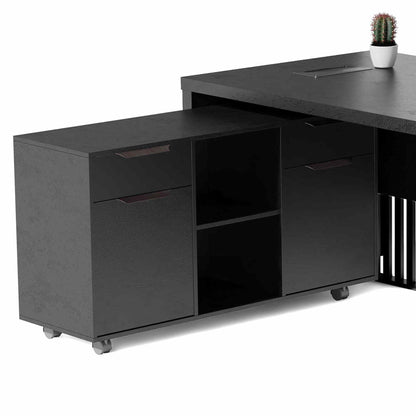 AFTAN Black Executive Desk with Pedestal & Left Mobile Return 180cm - Black Concrete