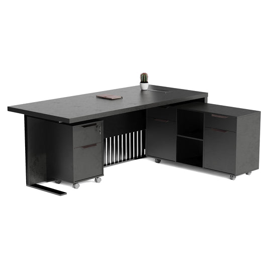 AFTAN Black Executive Desk with Pedestal & Right Mobile Return 180cm - Black Concrete