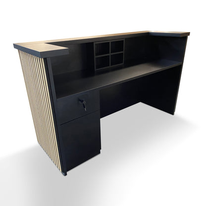 KENTO Reception Desk 240cm - Timber Slat Acoustic Black & Oak