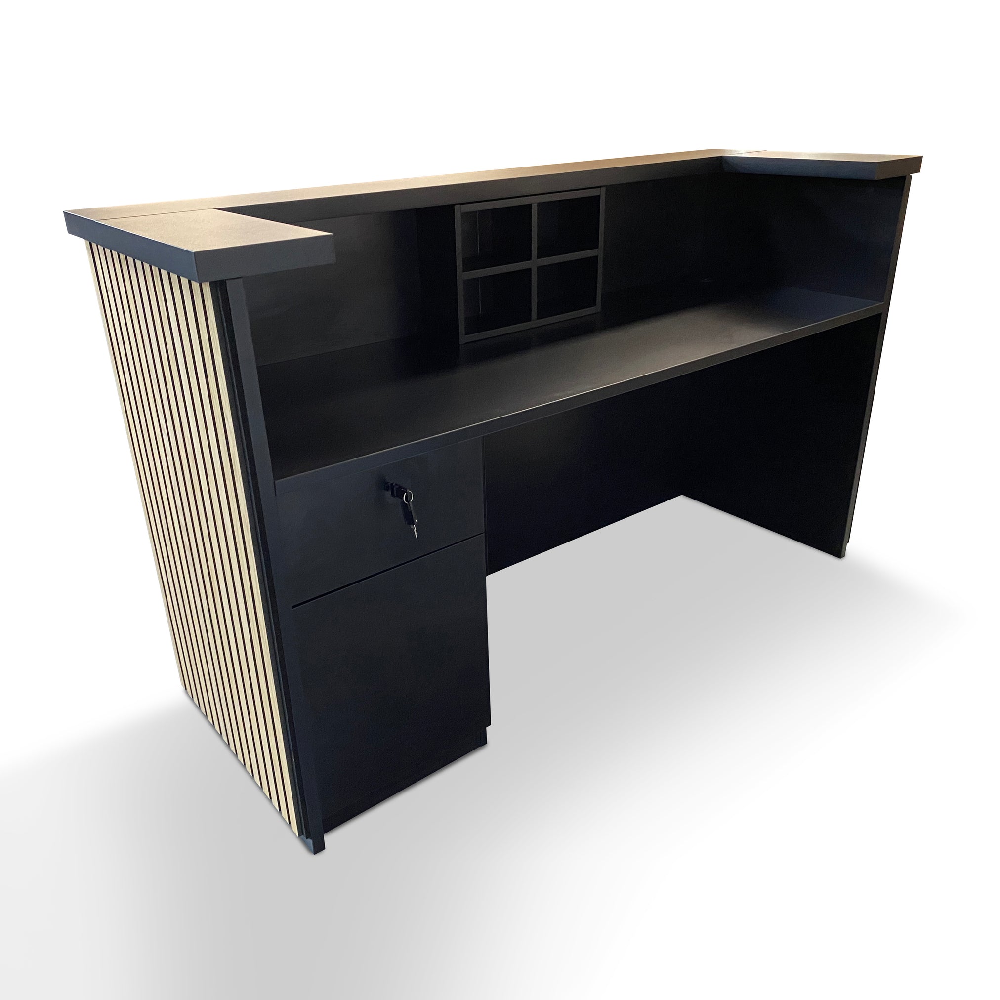 KENTO Reception Desk 240cm - Timber Slat Acoustic Black & Oak – Modern  Furniture