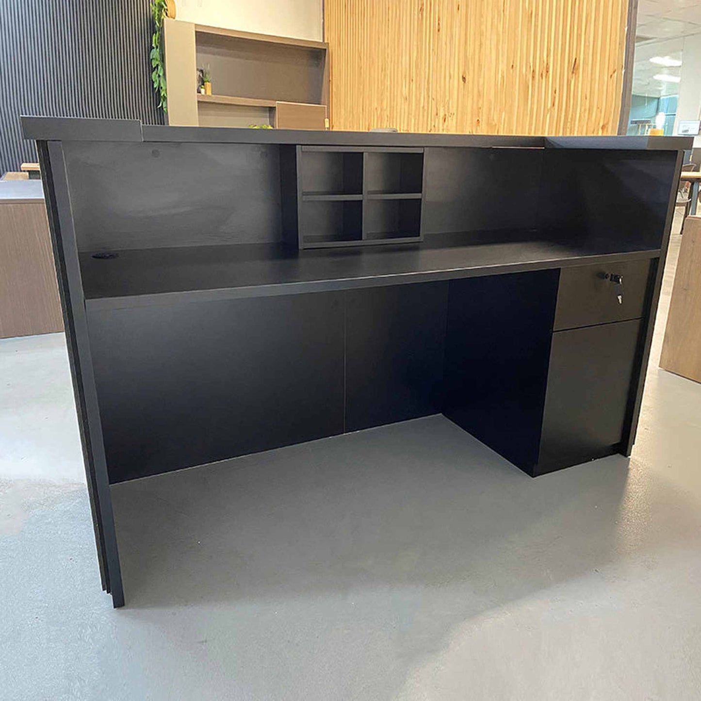 KENTO Reception Desk 180cm - Timber Slat Acoustic Black & Oak