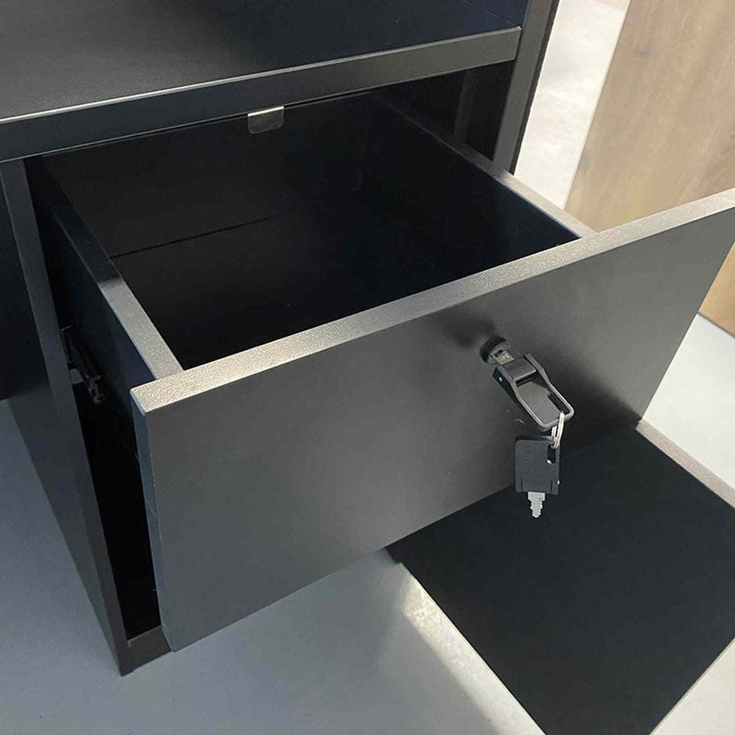 KENTO Reception Desk 180cm - Timber Slat Acoustic Black & Oak