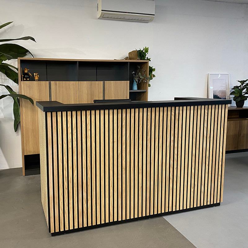 KENTO Reception Desk 240cm - Timber Slat Acoustic Black & Oak