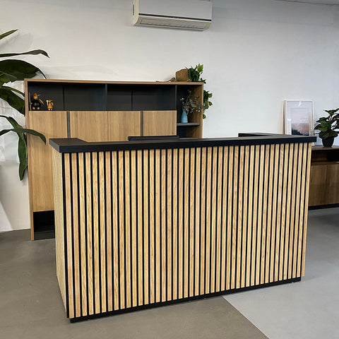 KENTO Reception Desk 180cm - Timber Slat Acoustic Black & Oak