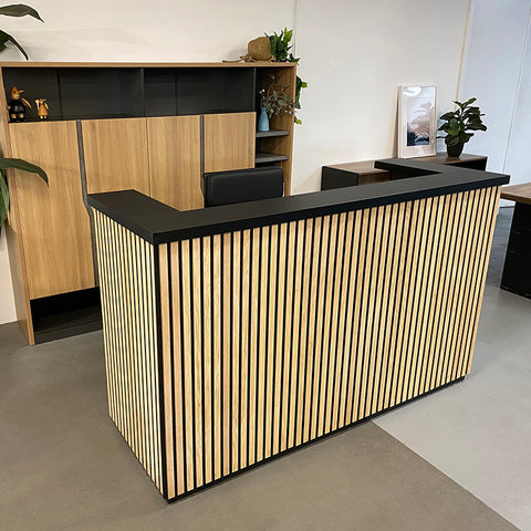 KENTO Reception Desk 240cm - Timber Slat Acoustic Black & Oak