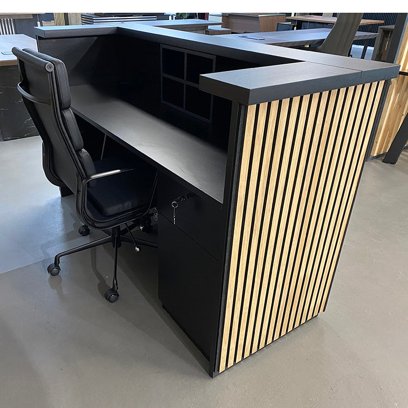 KENTO Reception Desk 240cm - Timber Slat Acoustic Black & Oak