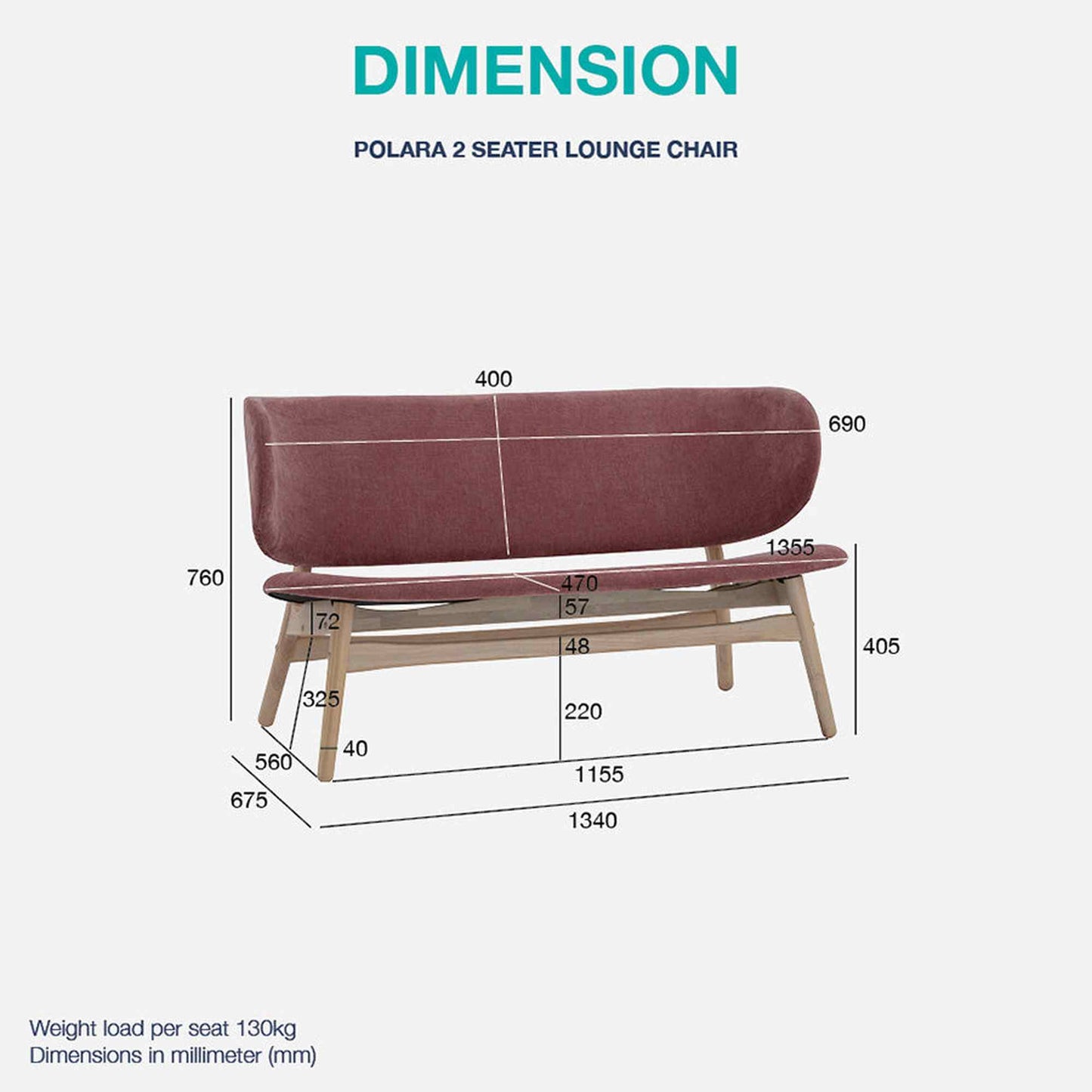 POLARA 2 Seater Lounge Chair - Oak & Salmon