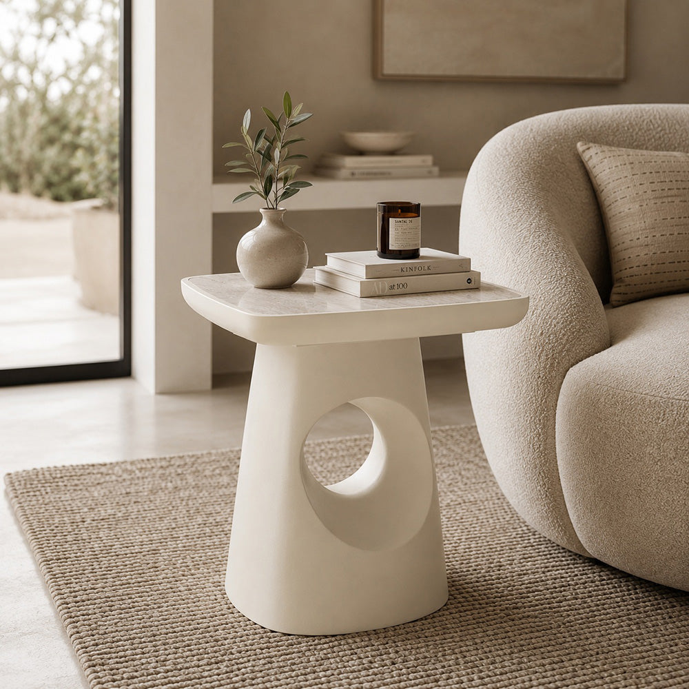 ECLIPSE 41cm Side Table - Travertine Look Top - Ivory