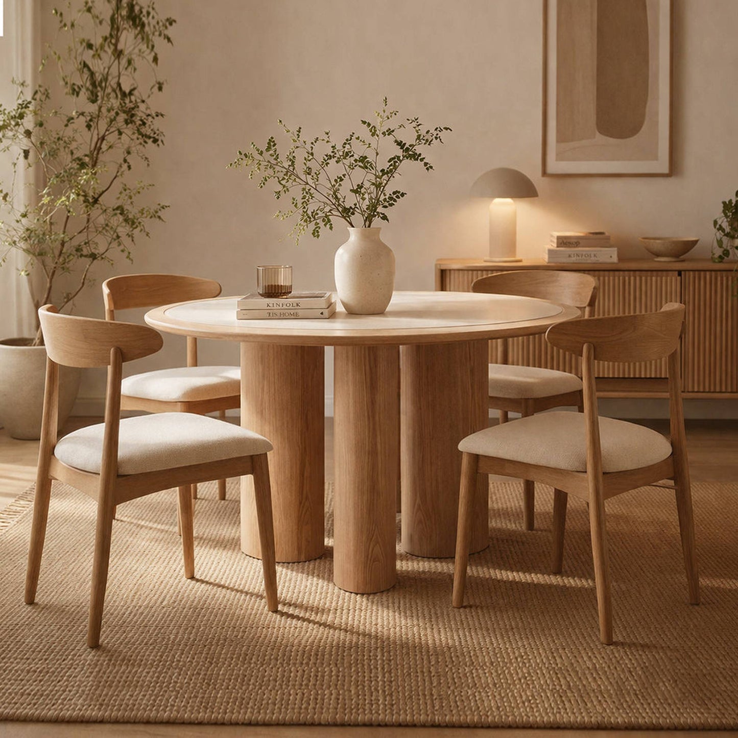 LAYSON Dining Table 136cm - Travertine & Natural