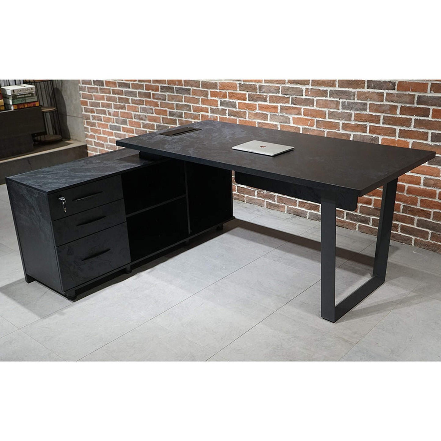 ADRIANO Black Executive Office Desk Reversible 165-180cm - Black Concrete